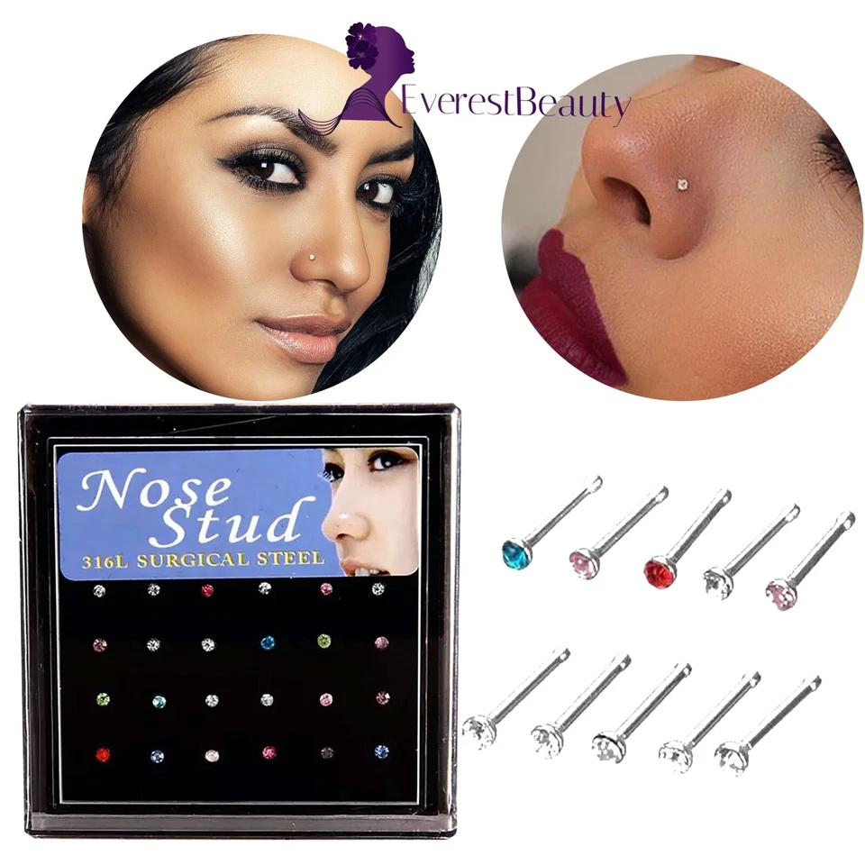 AB Crystal Diamante Flower Silver Made Nose Pin Stud Piercing Straight End