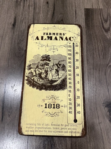 RARE! Vintage Farmers' Almanac Wooden Painted Plaque w/Thermometer 17.5"H x 9"W Cover