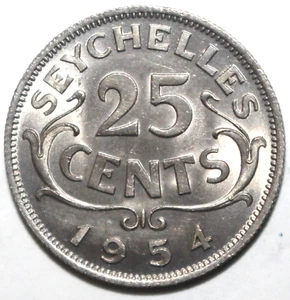 British Seychelles 25 Cents Coin 1954 KM# 11 UK Britain Queen Elizabeth II - Picture 1 of 2