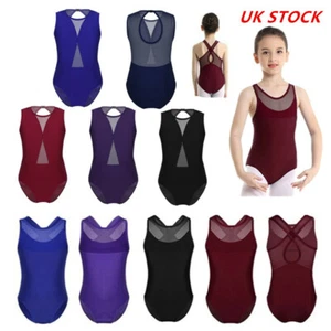 UK Kids Girls Mesh Keyhole Back Ballet Dance Gymnastics Leotard Jumpsuit Costume - Picture 1 of 38