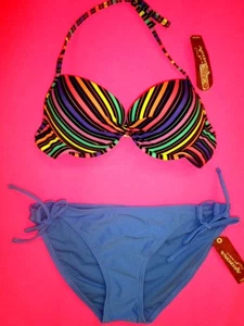 Womens Juniors Designer Arizona Bikini M /L Push Up Swim Neon Black Pink Stripe  - Picture 1 of 4