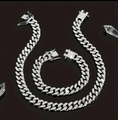 Iced Out Bling Cuban link Kubanische Kette + Armband Hochwertig 50,8cm NEU - Bild 1 von 3