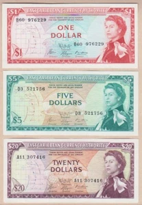 QE2 1965 East Caribbean Currency Authority $20 XF, $5 XF/AU and $1 notes XF/AU - Picture 1 of 2