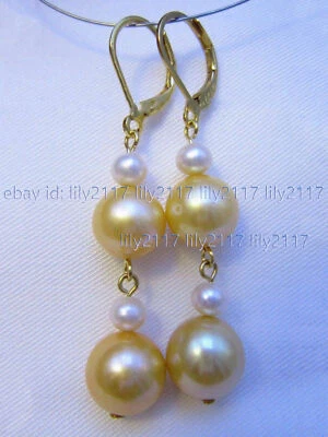 Natural 9-10MM Yellow White South Sea Pearl Dangle Earrings 14k Gold Leverback - Image 1 of 3