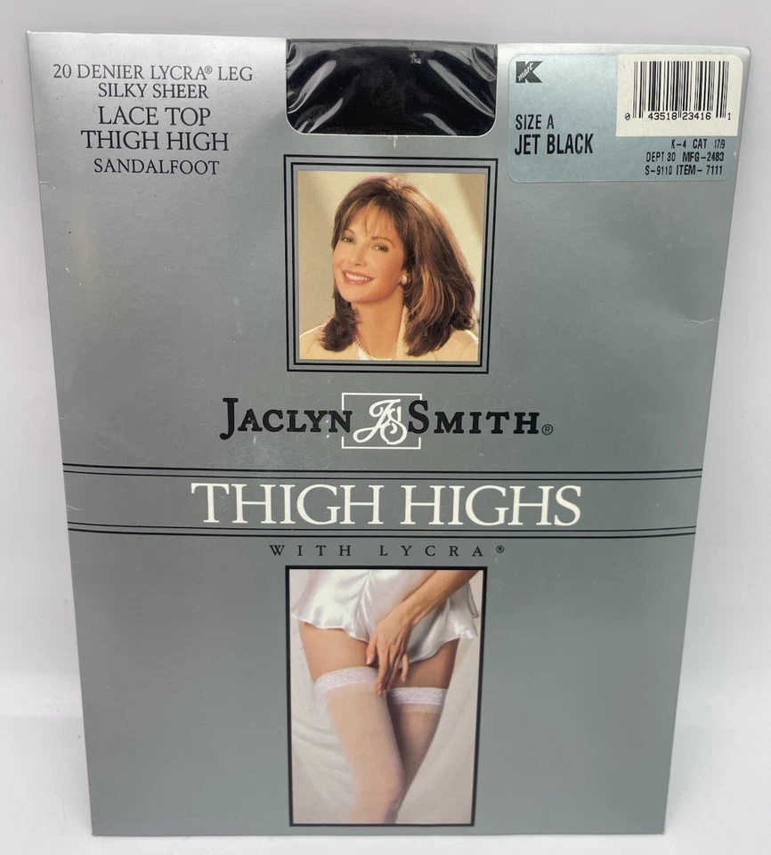 Jaclyn Smith THIGH HIGHS Size A JET BLACK 20 Denier Lycra Lace Top Sandalfoot - Image 1 of 2