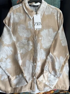 Zara Ecru & Champagne Floral Printed Satin Effect Shirt Blouse Top Size XL - Image 1 of 4