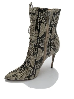 Schutz Snake-Embossed Leather Sole Laces Zipper Pointed Toe Heel Mid-Calf Boots - Image 1 of 4