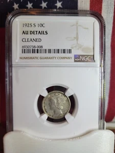 1925-S Winged Liberty Mercury Dime  **NGC  About Uncirculated Details**  Cleaned - Picture 1 of 5
