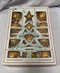 1 Box Of 12 Holly Glass Christmas Ball Ornaments Decorations - GOLD - 2 1/4-inch - Picture 1 of 8
