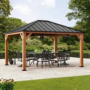 Outdoor 12' x 14' Hardtop Cedar Wood Gazebo Galvanized Steel Roof - Picture 1 of 6