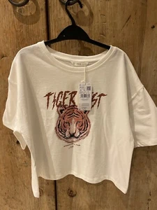 mango girls white TShirt with tiger face aged 13 years New With Tags - Picture 1 of 3