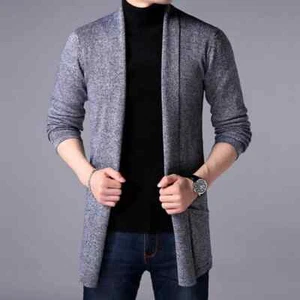 Men's Tops Knit Cardigan Mid-Length Slim Fit Long Sleeve Sweater Knitwear Jacket - Picture 1 of 22
