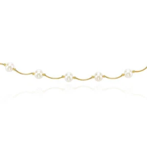 14K Gold Pearl Station By The Yard Scalloped Curved Necklace 17" - Picture 1 of 4