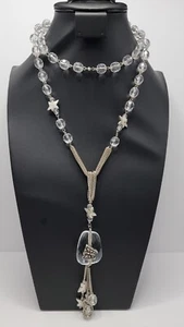 Vintage 38" Long Lavalier Necklace 7" L Pendant Stars Butterfly Shiny Silvertone - Picture 1 of 17