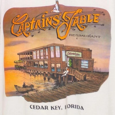 Vintage Tshirt Souvenir Cedar Key Pier Seafood Restaurant Captains Table Pelican - Image 1 of 4
