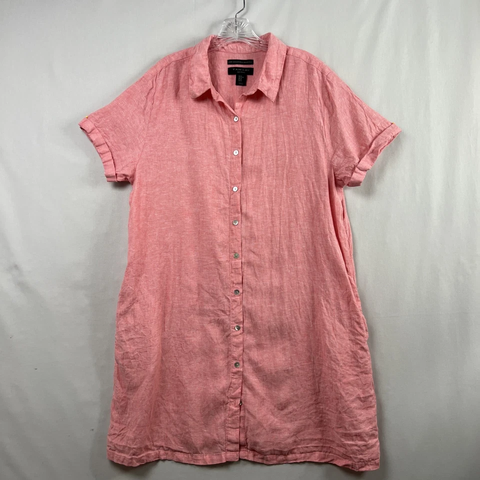 Tahari Linen Flax Shirt Dress Womens XL Button Up Shift Short Sleeve Pink Beach - Image 1 of 4