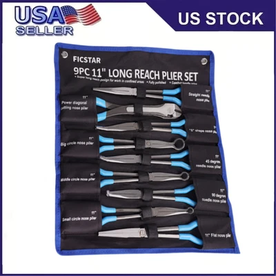 9 Pcs 11" Long Nose Plier Set Long Reach Circle Bent Needle Nose Diagonal Cutter - Image 1 of 4