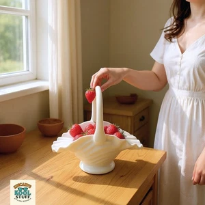 Harlequin Glass Co. Rare Vintage Milk Glass Bride's Basket Vase with Handle - Picture 1 of 13