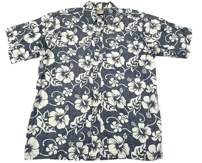 Camisa informal Go Barefoot azul blanco floral hawaiana Aloha abotonada para hombre talla L Foto 1 de 4