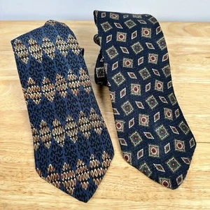 2 BROOKS BROTHERS Makers Men's Silk Necktie Designer Geometric Blue/Gold - Picture 1 of 3