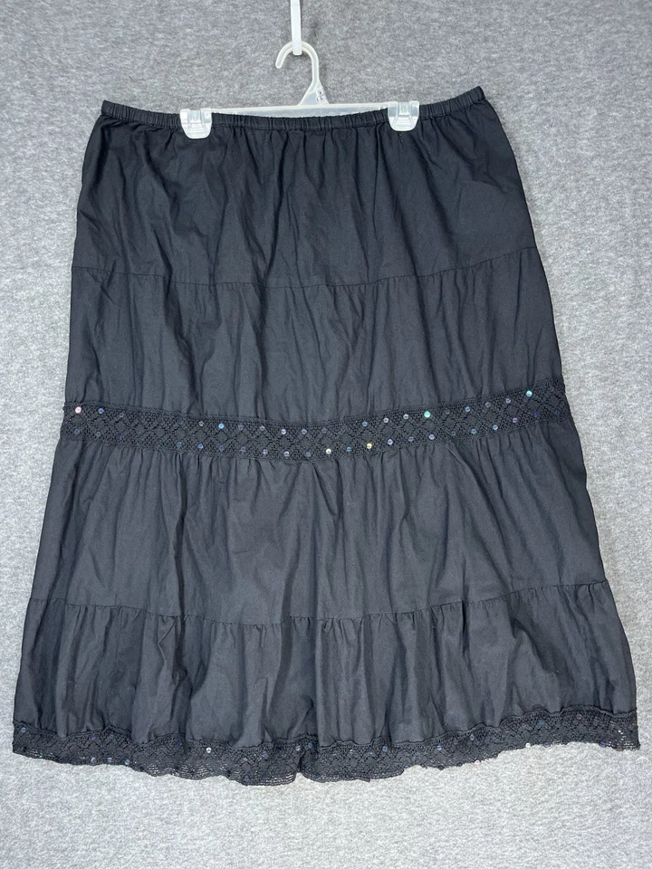 Y2K Faded Glory Peasant Skirt Womens Plus 2X Black Sequin Tiered Cotton Fairy - Image 1 of 4