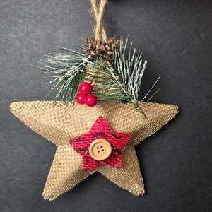 Rustic Burlap Star Ornament With Pinecones Berries Accent Farmhouse Decor - Picture 1 of 6