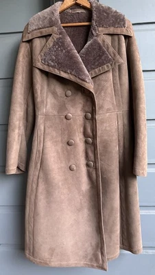 Vintage 70s Beige Suede Shearling DB Coat- Size 16- Penny Lane- Mint! - Image 1 of 4