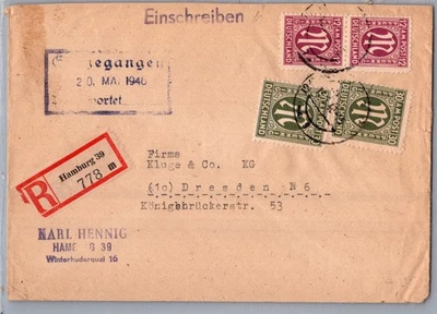 GERMANY 1946 POSTWAR POSTAL REG AM POST COVER ADDR DRESDEN & POSTMARK HAMBURG - Image 1 of 2