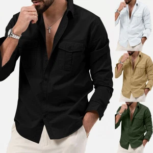 Men Long Sleeve Casual Buttons Down Shirts Blouse Tops Turn Down Collar T Shirts - Picture 1 of 18