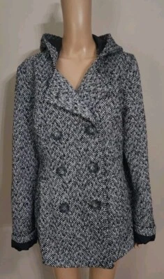 Abrigo Aeropostale Niñas Talla XXL Gris Negro Tweed Con Capucha Doble Pecho Foto 1 de 4