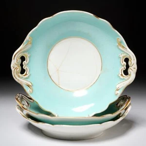 Sevres Antique French Porcelain Rococo Blue Turquoise Two Handled Bowl Dish 3pcs - Picture 1 of 6