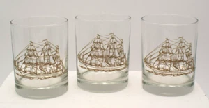Set 3 bicchieri vintage oro goffrato clipper nave sfera bassa vecchia moda 12 oz - Foto 1 di 6