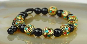 Pulsera Ónix Latón Negro Rojo Turquesa Dorado Ajustable Regalo Ø8mm Perlas - Imagen 1 de 3