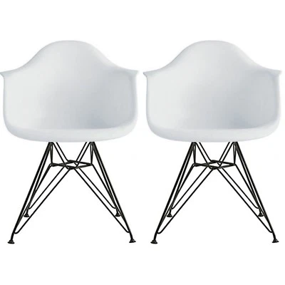 Juego de 2 sillones de comedor modernos de plástico moldeado de mediados de siglo con patas de alambre negro Foto 1 de 4