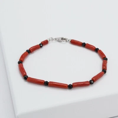 Pulsera de Plata 925 Con Coral Rojo Y Ónix Agrp 0123 - Imagen 1 de 4