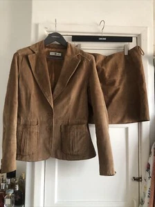 Vintage Tan Suede Skirt Suit Jacket Brown 90s Micromini 14-16 Y2k New Look Real - Picture 1 of 18