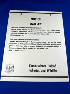C.1965 NOS Maine Game Warden Sign NOTICE, STATE LAWS Fines, Penalties 11"x9" - Picture 1 of 2