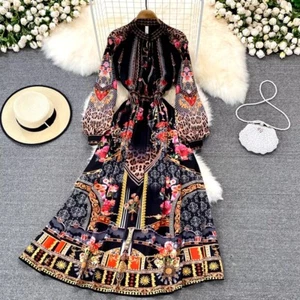 Vintage Women Dress Elegant Long Maxi Dresses Stand Neck Female Boho - Picture 1 of 7