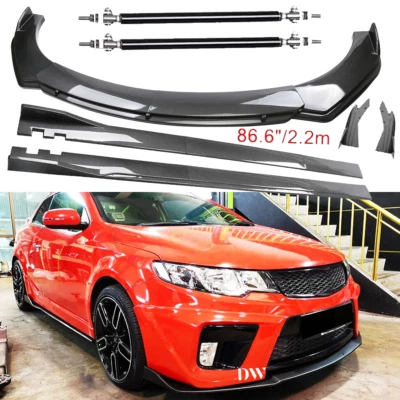 For Kia Forte Koup Carbon Fiber Front Bumper Lip Spoiler 86.6" Side Skirt Kit - Image 1 of 4
