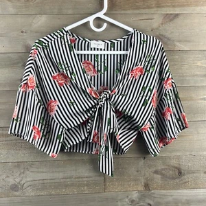 Everly Womens Blouse Short Sleeve Tie Front Striped Floral Size Medium - Picture 1 of 7