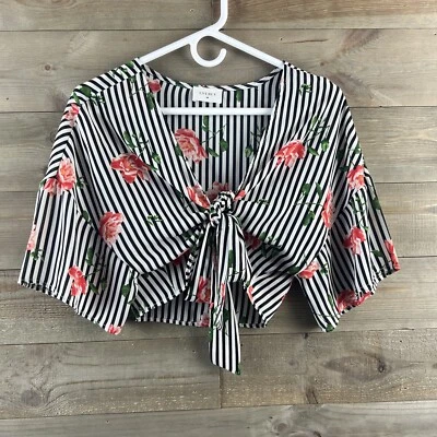 Everly Womens Blouse Short Sleeve Tie Front Striped Floral Size Medium - Image 1 of 4