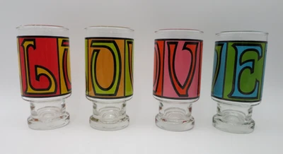 JUEGO DE 4 VASOS RETRO MCM AÑOS 70 ANCHOR HOCKING GROOVY LOVE BEBIDA RARA Foto 1 de 4