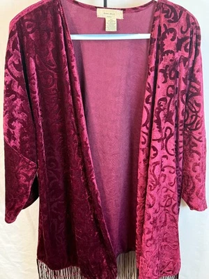 Diana Belle Burnout Velvet Kimono Cardigan Boho Fringe Open Front Jacket 3X - Image 1 of 4