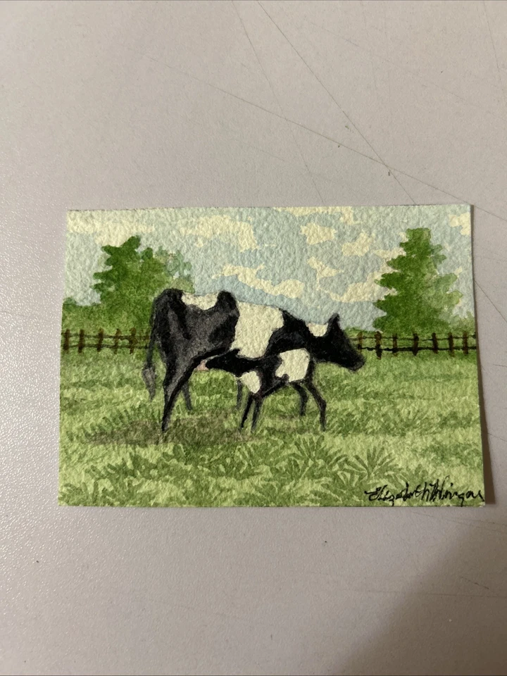 Tarjeta de arte ACEO acuarela original sobre papel 100 % algodón Holstein y arte de vaca bebé Foto 1 de 1