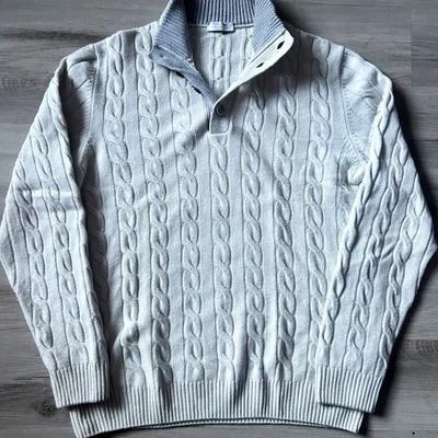 Gran Sasso Wool & Cashmere 4 Button Ribbed Cable Knit Sweater Soft Gray Sz 48” - Image 1 of 4