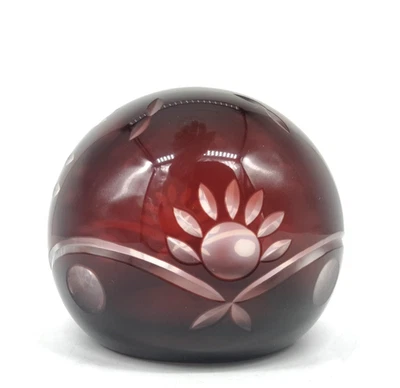 Bohemian Glass Red Ruby Cut to Clear Ball Paperweight, Floral Hollow 4.5" READ - Image 1 of 4