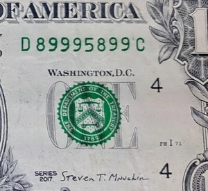Serie de lujo # serie de billetes de $1 2017~89995899~((Trinario/repetidor de 3 dígitos/5OaK 9s)) - Imagen 1 de 3