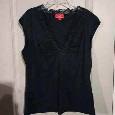 Top para mujer Oscar azul con cuello en V de encaje recortado con mangas L Foto 1 de 4