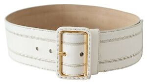PRADA Belt White Genuine Leather Wide Gold Metal Buckle Waist Women 75cm / 6
