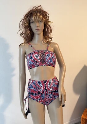 Traje de baño bikini de dos piezas Michael Kors rojo blanco azul con cordones cintura alta talla S Foto 1 de 4